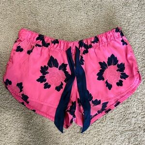 Aerie Silk Pink Pajama Shorts with Navy Floral Design